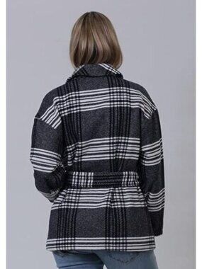 JOUJOU Trench Coat NWOT Wool Blend Plaid Gray Plaid Womens Size M